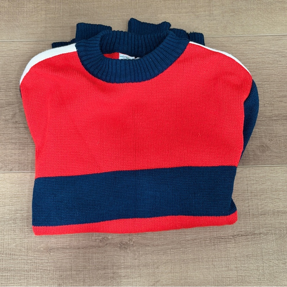 Vintage Mergers Sweater Men M Red Blue Acrylic Pullover Tight Knit 90s Crew Neck - Picture 7 of 7